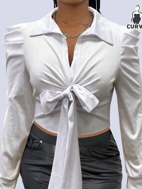 White Tie-Front Long Sleeve Women's Top